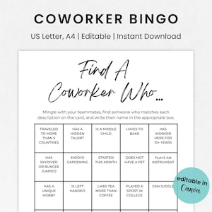 Editable Coworker Bingo, Find a Coworker Bingo, Work Bingo, Office Bingo, Bingo Game for Coworkers, Team Building Bingo, Icebreaker Game