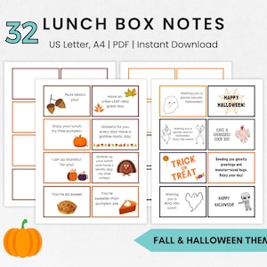 以下が含まれることがあります： 秋とハロウィーンをテーマにした、32枚の印刷可能なランチボックスノートのセット。ノートには、カボチャ、ドングリ、七面鳥、幽霊、その他のお祝いのイメージのイラストが描かれています。「トリック・オア・トリート」や「ハッピーハロウィーン！」などのテキストが含まれています。