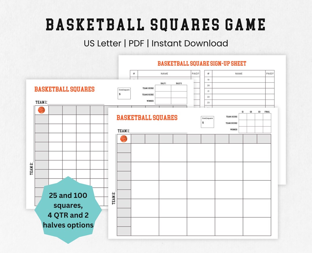 March Basketball Squares, Printable Basketball Party Game, Basketball ...