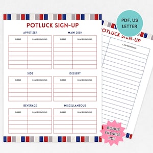 4th of July Potluck Sign Up Sheet, Office Potluck Party Printable, Summer Party Potluck Signup, Food Sign Up Form, Church Sign Up
