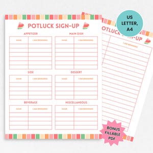 Potluck Sign Up Sheet, Büro Potluck Party druckbare, Sommerparty Potluck Signup, Essen Sign Up Sheet, Kirche Sign Up