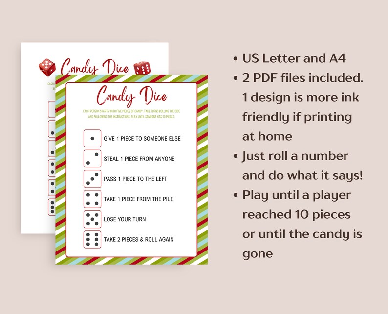 Weihnachten Candy Würfelspiel zum Ausdrucken, Weihnachts Würfelspiel