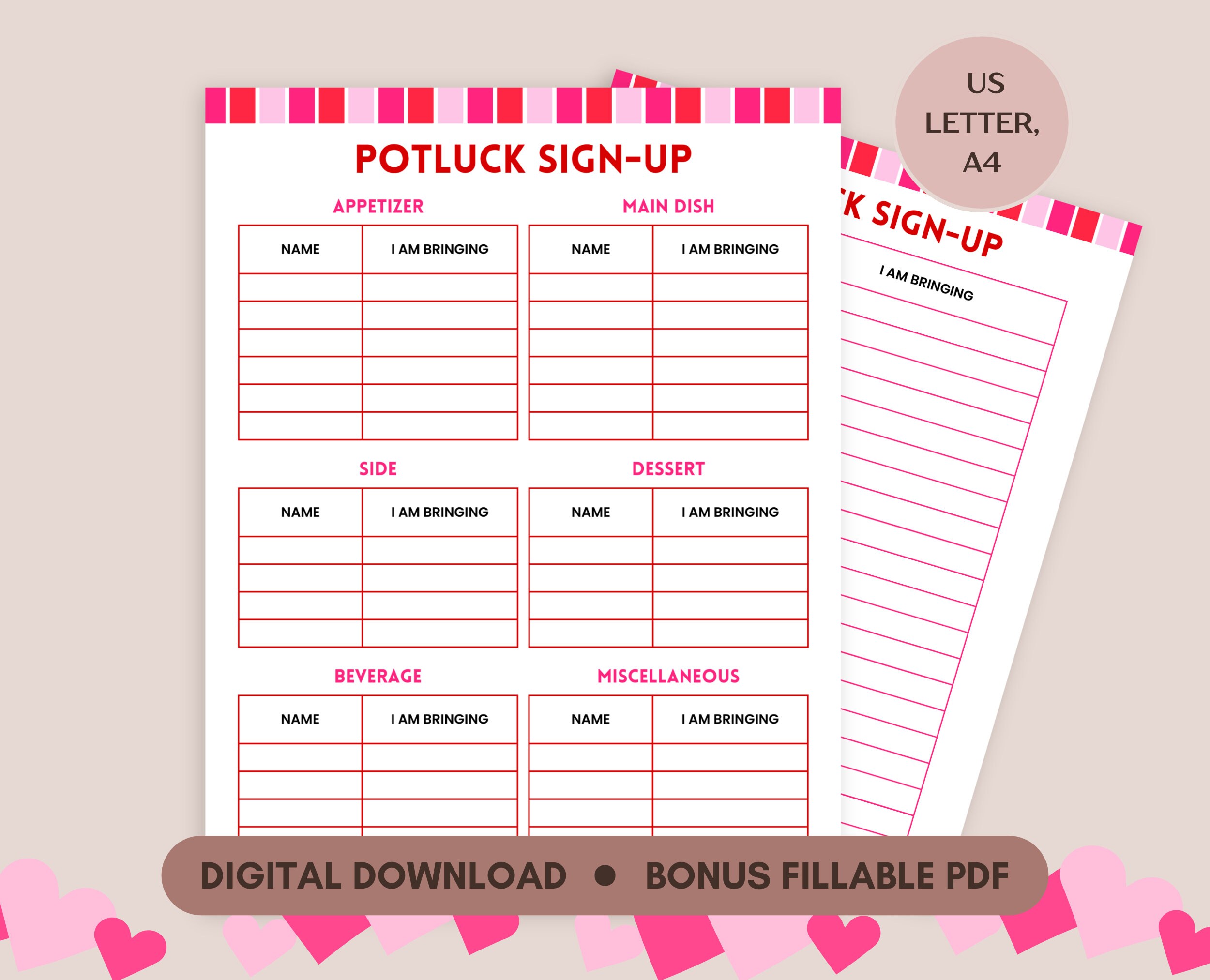 Valentines Potluck Sign up Sheet, Office Potluck Party Printable, Valentines Day Party Potluck