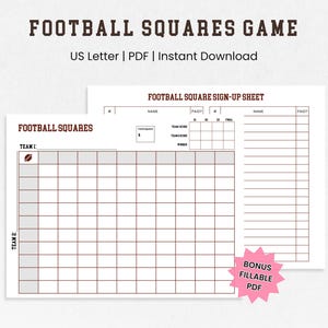 May include: Printable Football Squares game sign-up sheet with a grid for teams 1 and 2. The sheet includes a sign-up sheet for players to fill in their names and payment. The sheet is labeled "Football Squares Game" and "US Letter | PDF | Instant Download".