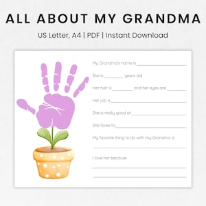 All About My Grandma Handprint Craft, All About Nana, Grandma Questionnaire, Mother&#39;s Day Gift for Grandma, Grandparents Day Craft for Kids