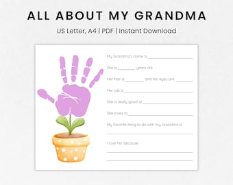 Todo sobre mi abuela, Manualidad con huellas de manos de la abuela, Cuestionario para la abuela, Regalo del Día de la Madre para la abuela, Manualidad del Día de los Abuelos para niños