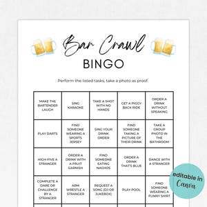 Bewerkbare kroegentocht bingo, bar bingo, kroegentocht bingo afdrukbare, bar hopping bingokaart, bingospel voor verjaardag