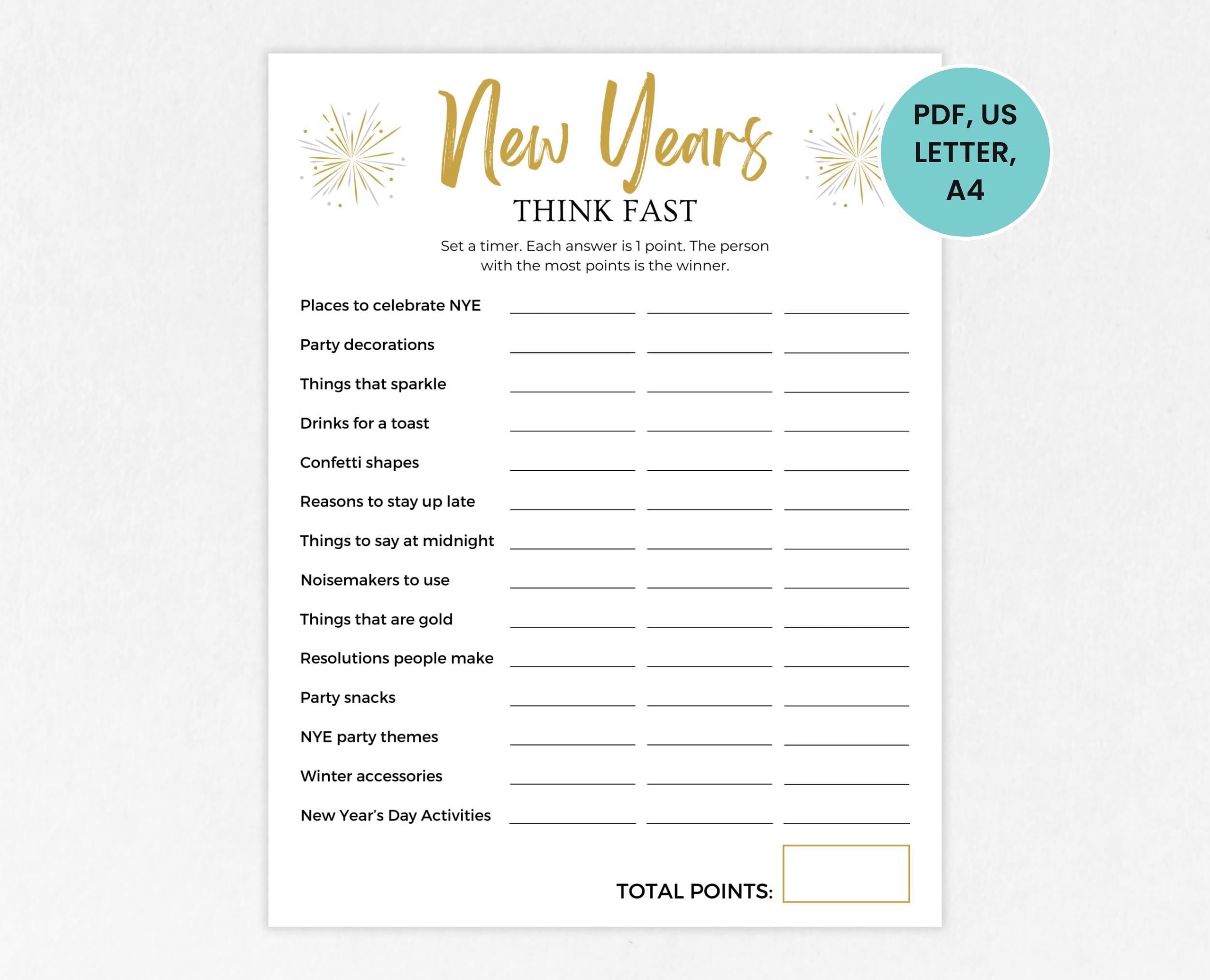 new years think fast, printable new year's eve game, new years
