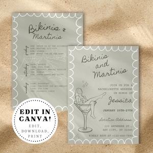 Bikinis and Martinis Bachelorette Invite, Beach Bach Editable Invitation and Itinerary, Bikinis and Martinis Theme, Editable Invite Template