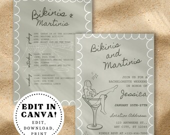 Bikinis and Martinis Bachelorette Invite, Beach Bach Editable Invitation and Itinerary, Bikinis and Martinis Theme, Editable Invite Template