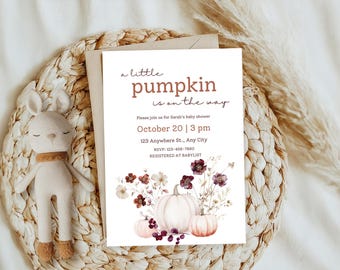 A Little Pumpkin, Zaproszenie na jesienny baby shower, Kwiatowe zaproszenie dla dziecka, Zaproszenie na jesienną dynię