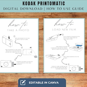 Pode incluir: Um guia imprimível com ilustrações que mostram como usar uma câmera instantânea Kodak Printomatic. O guia inclui instruções sobre como tirar uma foto e como carregar um filme novo.