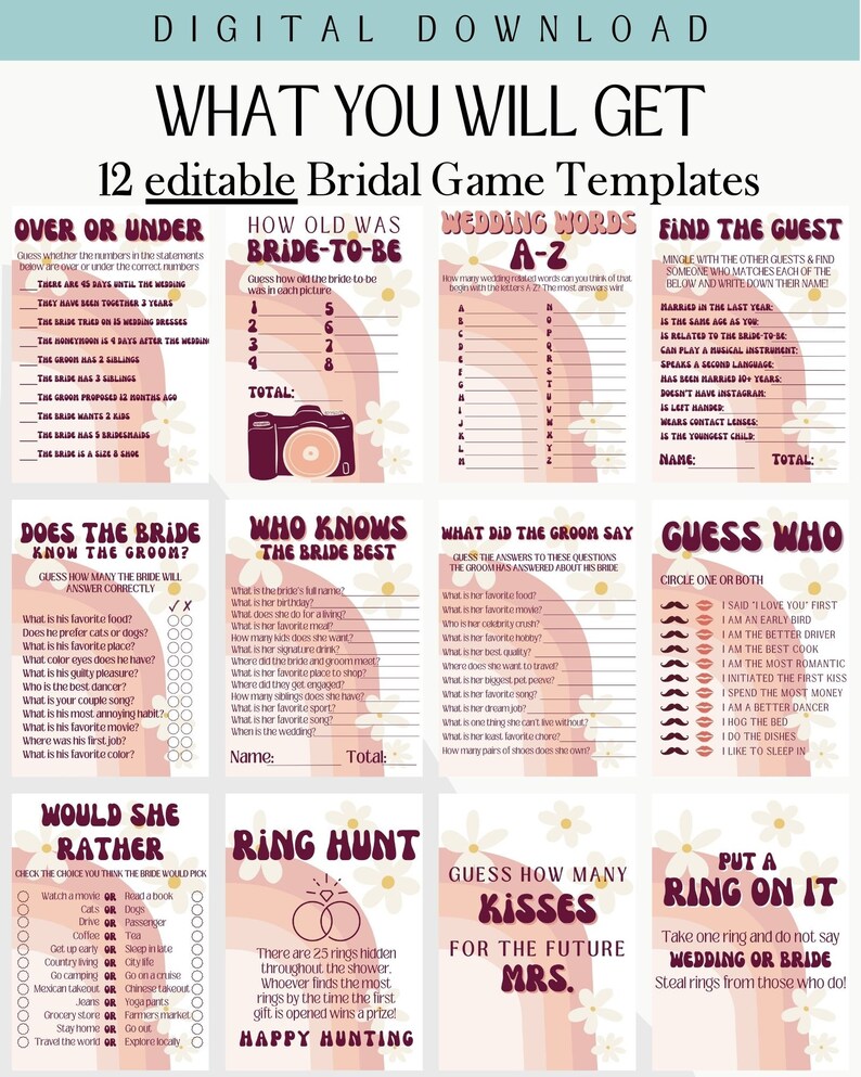 Retro Bridal Shower Game Bundle, Groovy Wedding Shower Games, Fun Bridal Games Package, Bridal