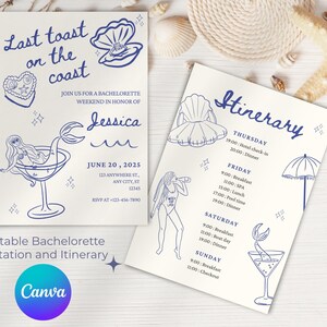 Editable Bachelorette Invitation & Itinerary | Last Toast on the Coast | Canva Template | Beach Bachelorette Weekend Invite