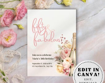 Fifty & Fabulous Invite, Womens 50th Birthday Invitation Template, Champagne 50th Birthday, Editable Invite