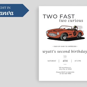 Editable Two Fast Birthday Invitation, Two Fast Boy Race Car, 2nd Birthday Party Invite, Two Fast 2 Curious Race Car Party, Instant Download