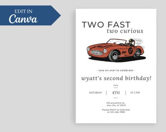 Invitación de cumpleaños con dos coches de carreras rápidos, invitación editable para fiesta de segundo cumpleaños (descarga digital)