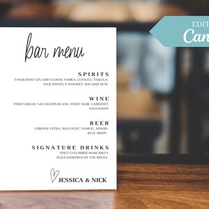 Bar Menu Sign Template, Minimalist Bar Menu Sign, Wedding Drink Sign, Editable Template, Instant Download