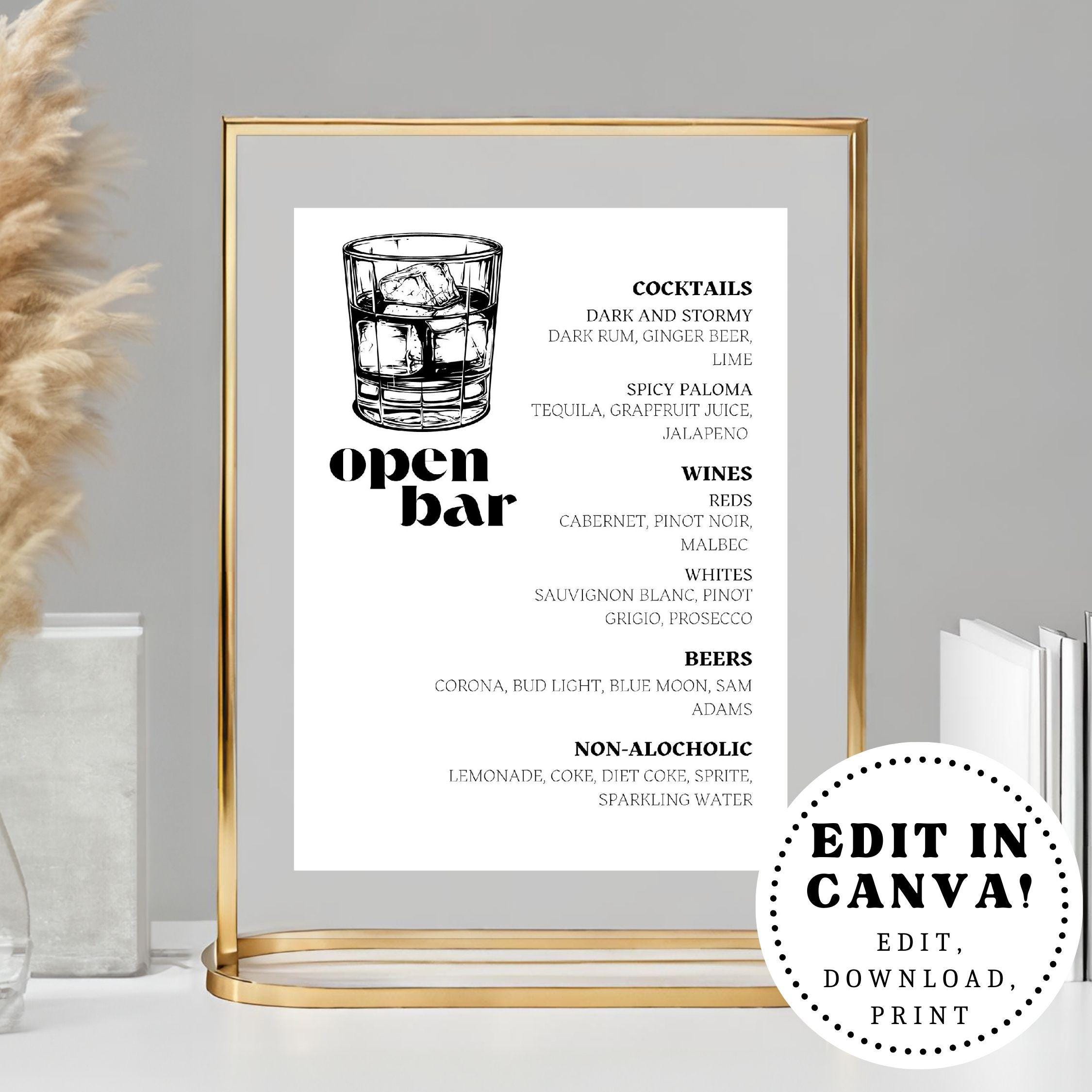 Editable Bar Menu, Wedding Drink Sign, Open Bar Sign, Wedding Cocktail ...