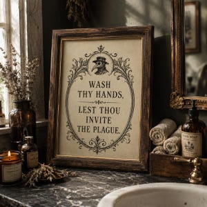 May include: A framed wall art print featuring a beige background with black text that reads, "WASH THY HANDS, LEST THOU INVITE THE PLAGUE." The design includes an ornate black oval border and a small illustration of a plague doctor mask at the top.