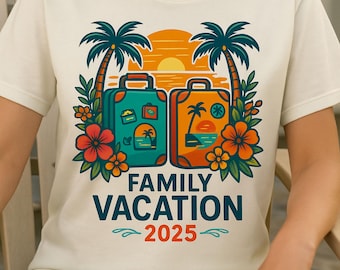 Family Vacation 2025 PNG: Tropical Suitcase Clipart (Digital Download)