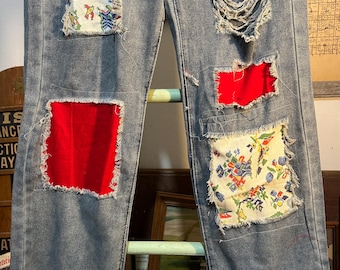 Upcycled Distressed Jeans, Feedcloth Patches, Ruffle Hem, Women's Large