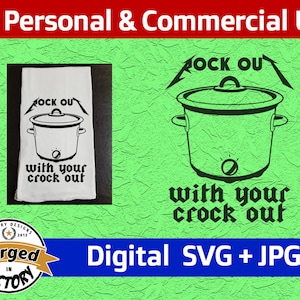 Peut inclure: Téléchargement numérique d'un fichier SVG et JPG noir et blanc représentant une mijoteuse avec le texte "Rock out with your crock out" dans une police de caractères de groupe de métal.
