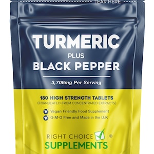 May include: A yellow pouch with a blue label that reads "TURMERIC PLUS BLACK PEPPER 3,706mg Per Serving 180 HIGH STRENGTH TABLETS (FORMULATED FROM CONCENTRATED EXTRACTS) ✔Vegan Friendly Food Supplement ✔G-M-O Free and Made in the U.K RIGHT CHOICE SUPPLEMENTS ®"