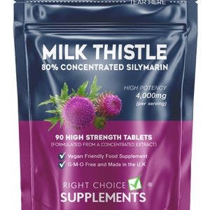May include: A blue pouch with a white label that reads "Milk Thistle 80% Concentrated Silymarin" and "High Potency 4,000mg (per serving)". The pouch contains 90 high strength tablets formulated from a concentrated extract. The label also states that the product is vegan friendly, GMO free, and made in the UK. The pouch is labeled "Right Choice Supplements".