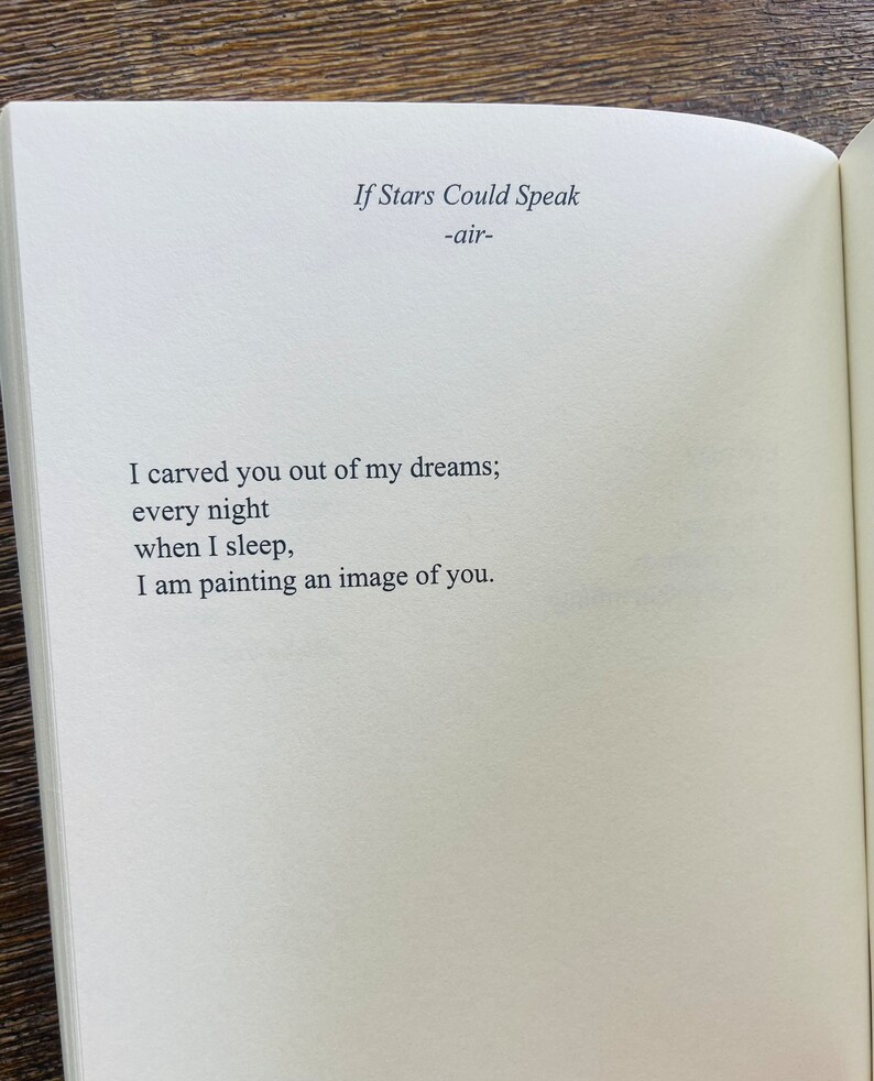 以下が含まれることがあります： 「If Stars Could Speak」というタイトルと「-air-」というサブタイトルが書かれた開いた本。ページには「I carved you out of my dreams; every night when I sleep, I am painting an image of you.」という詩が書かれています。