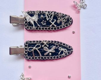 Two Set Dark Alt Edgy Black Silver Butterfly Bow Decoden Cream Hairclips Clip ***1in x 3in ***only for the left side of hair