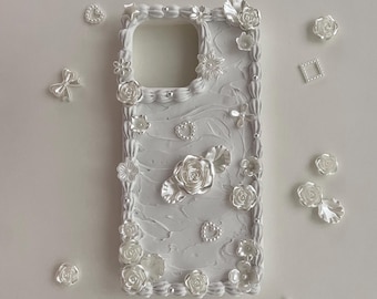 Pretty Handmade Floral Rose White Ivory Decoden Cream Phonecase