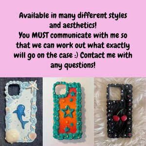 May include: Image features three decorative phone cases. One is white with a blue whale and seashells. Another is orange with green frosting and star accents. The third is black with cherry details. Text reads: "Available in many different styles and aesthetics!"