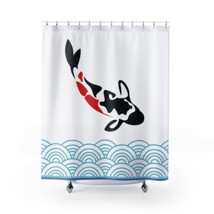 Koi fish with wave bathroom accessory | Shower Curtains