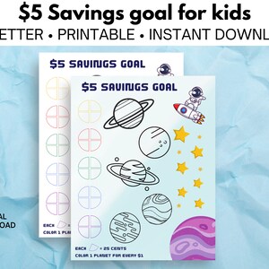 Tracker obiettivo di risparmio sfida per bambini da 5 dollari - progresso visivo stampabile - divertente grafico galassia stelle spazio tema US lettera 11" x 8,5" bianco bg