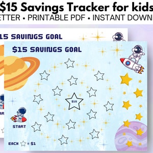 Tracker obiettivo di risparmio 15 dollari per bambini - progresso visivo stampabile - divertente grafico galassia stelle spazio tema US lettera 11" x 8,5" bianco bg