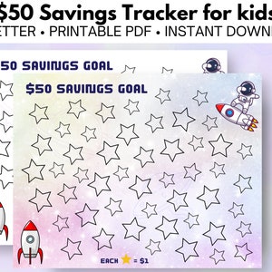 Tracker obiettivo di risparmio 50 dollari per bambini - progresso visivo stampabile - grafico divertente tema spazio intergalattico lettera USA 11" x 8,5" bianco bg