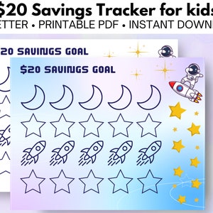Tracker obiettivo di risparmio 20 dollari per bambini - progresso visivo stampabile - divertente grafico galassia stelle spazio tema US lettera 11" x 8,5" bianco bg