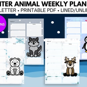 Planificateur hebdomadaire des animaux d’hiver | ensemble mignon imprimables bundle 4 modèles | Calendrier novembre décembre janvier | Lettre Cerf Pingouin Ours 8,5" x 11"