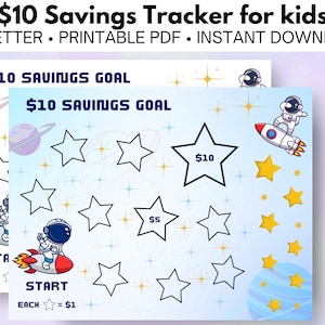 Tracker obiettivo di risparmio 10 dollari per bambini - progresso visivo stampabile - divertente grafico galassia stelle spazio tema US lettera 11" x 8,5" bianco bg