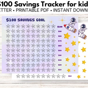 Tracker obiettivo di risparmio 100 dollari per bambini - progresso visivo stampabile - grafico divertente tema spazio intergalattico lettera USA 11" x 8,5" bg bianco