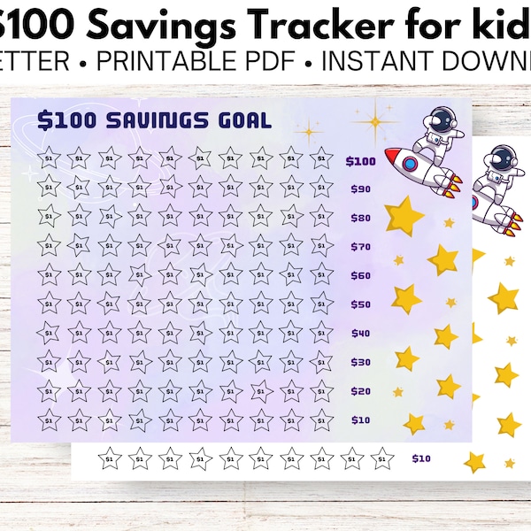 Savings goal tracker 100 dollars for kids - visual progress printable - fun chart intergalactic space theme US letter 11" x 8.5" white bg