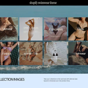 a luxury shopify website template for swimwear brands and clothing line ecommerce brands. The shopify theme features light beige and black sections with lavendar accent sections, mockup bikini and swimsuit photography, and design savvy banner and collections templates created for use in canva.