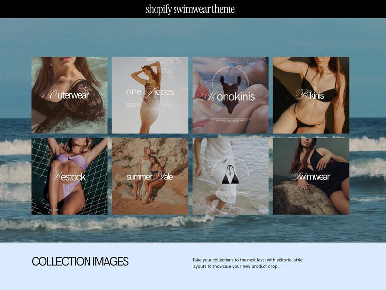 a luxury shopify website template for swimwear brands and clothing line ecommerce brands. The shopify theme features light beige and black sections with lavendar accent sections, mockup bikini and swimsuit photography, and design savvy banner and collections templates created for use in canva.