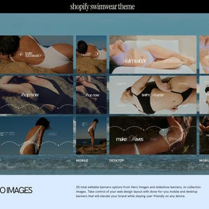 a luxury shopify website template for swimwear brands and clothing line ecommerce brands. The shopify theme features light beige and black sections with lavendar accent sections, mockup bikini and swimsuit photography, and design savvy banner and collections templates created for use in canva.