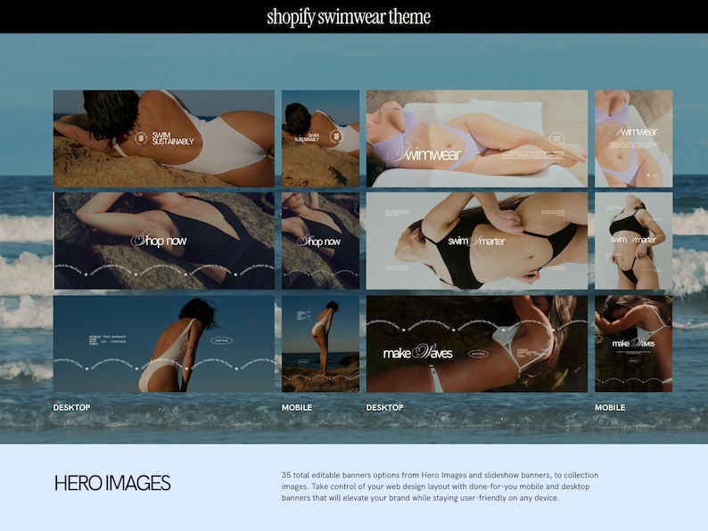 a luxury shopify website template for swimwear brands and clothing line ecommerce brands. The shopify theme features light beige and black sections with lavendar accent sections, mockup bikini and swimsuit photography, and design savvy banner and collections templates created for use in canva.