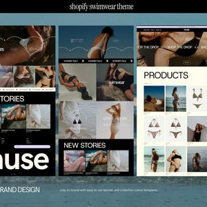 a luxury shopify website template for swimwear brands and clothing line ecommerce brands. The shopify theme features light beige and black sections with lavendar accent sections, mockup bikini and swimsuit photography, and design savvy banner and collections templates created for use in canva.