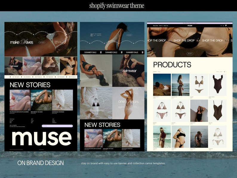a luxury shopify website template for swimwear brands and clothing line ecommerce brands. The shopify theme features light beige and black sections with lavendar accent sections, mockup bikini and swimsuit photography, and design savvy banner and collections templates created for use in canva.