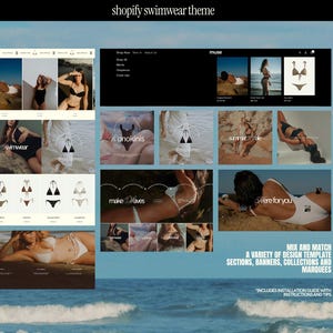 a luxury shopify website template for swimwear brands and clothing line ecommerce brands. The shopify theme features light beige and black sections with lavendar accent sections, mockup bikini and swimsuit photography, and design savvy banner and collections templates created for use in canva.