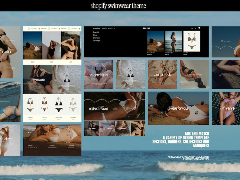 a luxury shopify website template for swimwear brands and clothing line ecommerce brands. The shopify theme features light beige and black sections with lavendar accent sections, mockup bikini and swimsuit photography, and design savvy banner and collections templates created for use in canva.